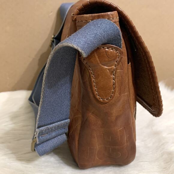 THE BRIDGE Brown Logo-Embossed Leather Vintage Saddle Messenger Bag w/Denim Trim - Picture 10 of 16